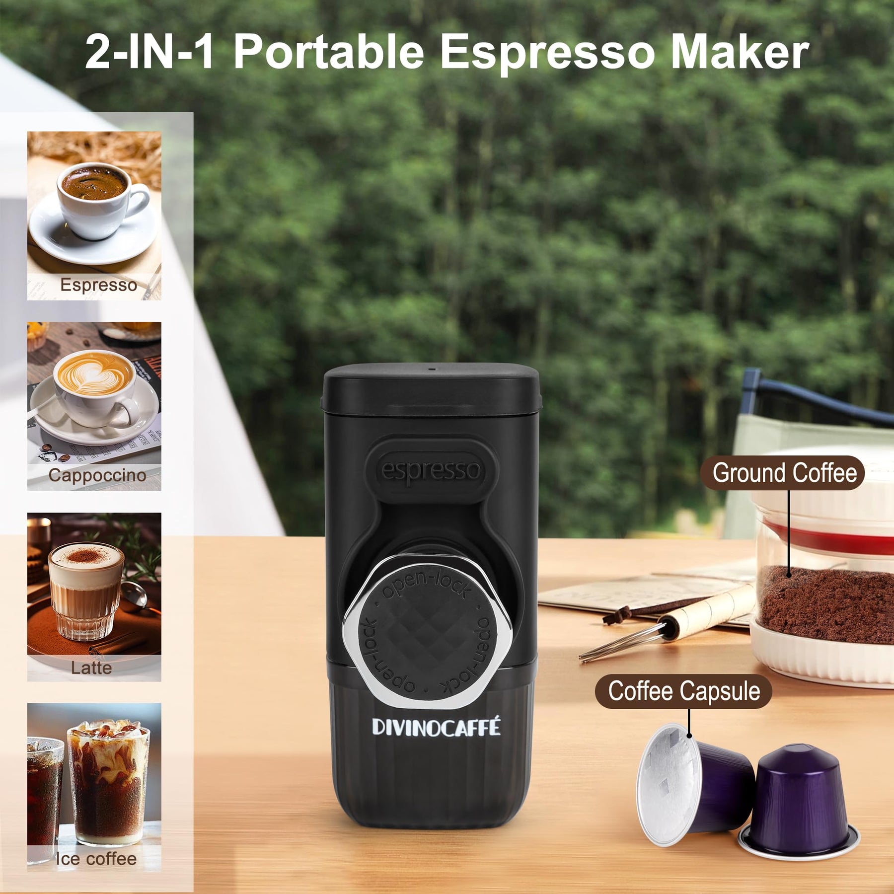 DIVINOCAFFÉ Mini Espresso Machine, Portable Espresso Maker Compatible for Capsules and Coffee Powder, Small Travel Coffee Maker, Manually Operated, 18 Bar Pressure, Perfect for Camping.