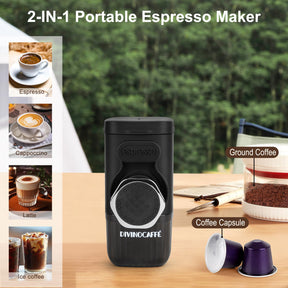 DIVINOCAFFÉ Mini-Espressomaschine, tragbarer Espressokocher, kompatibel für Kapseln und Kaffeepulver, kleine Reisekaffeemaschine, manuell bedienbar, 18 Bar Druck, perfekt fürs Camping.