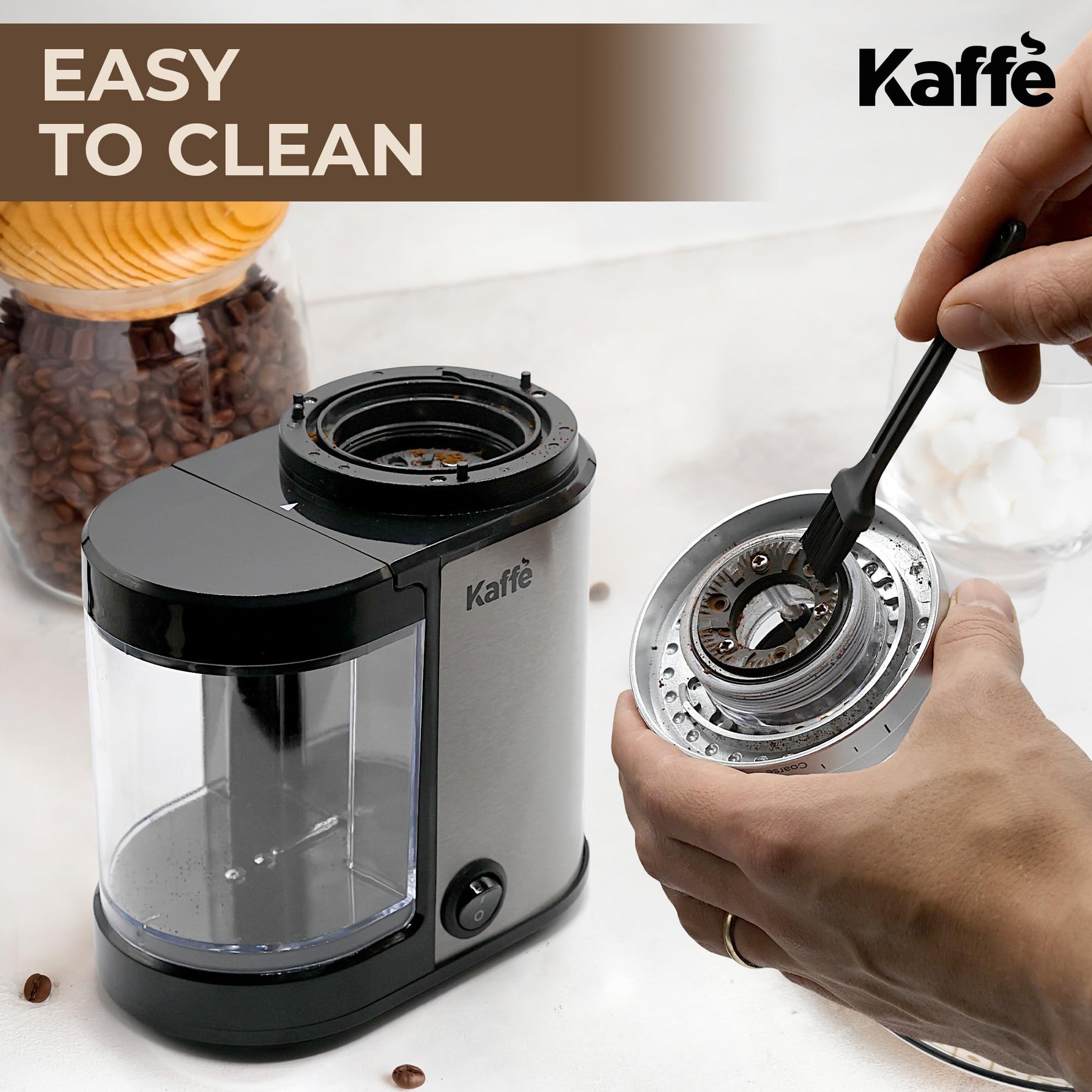 Kaffe Electric Burr Coffee Grinder (5.5oz) w/Adjustable Precise Coarseness Settings - Flat Burr - [Improved Motor] - Precision Coffee Bean Grinder for Home Use - Stainless Steel