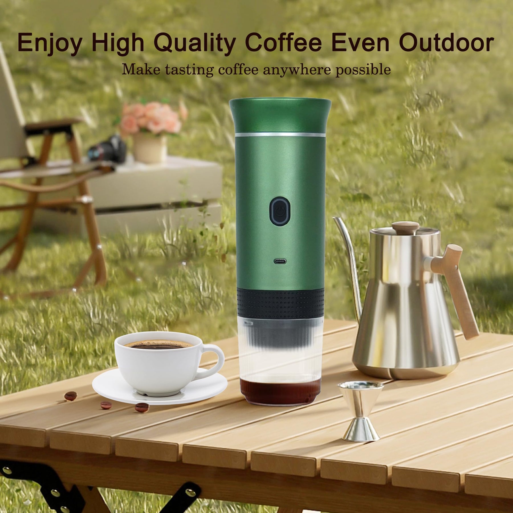 LumoShine Portable Espresso Machine, Mini Espresso Maker, Self Heating Coffee Maker Compatible Ground Coffee, NS and DG Capsule,For Camping Hiking RV Outdoor Travel Green