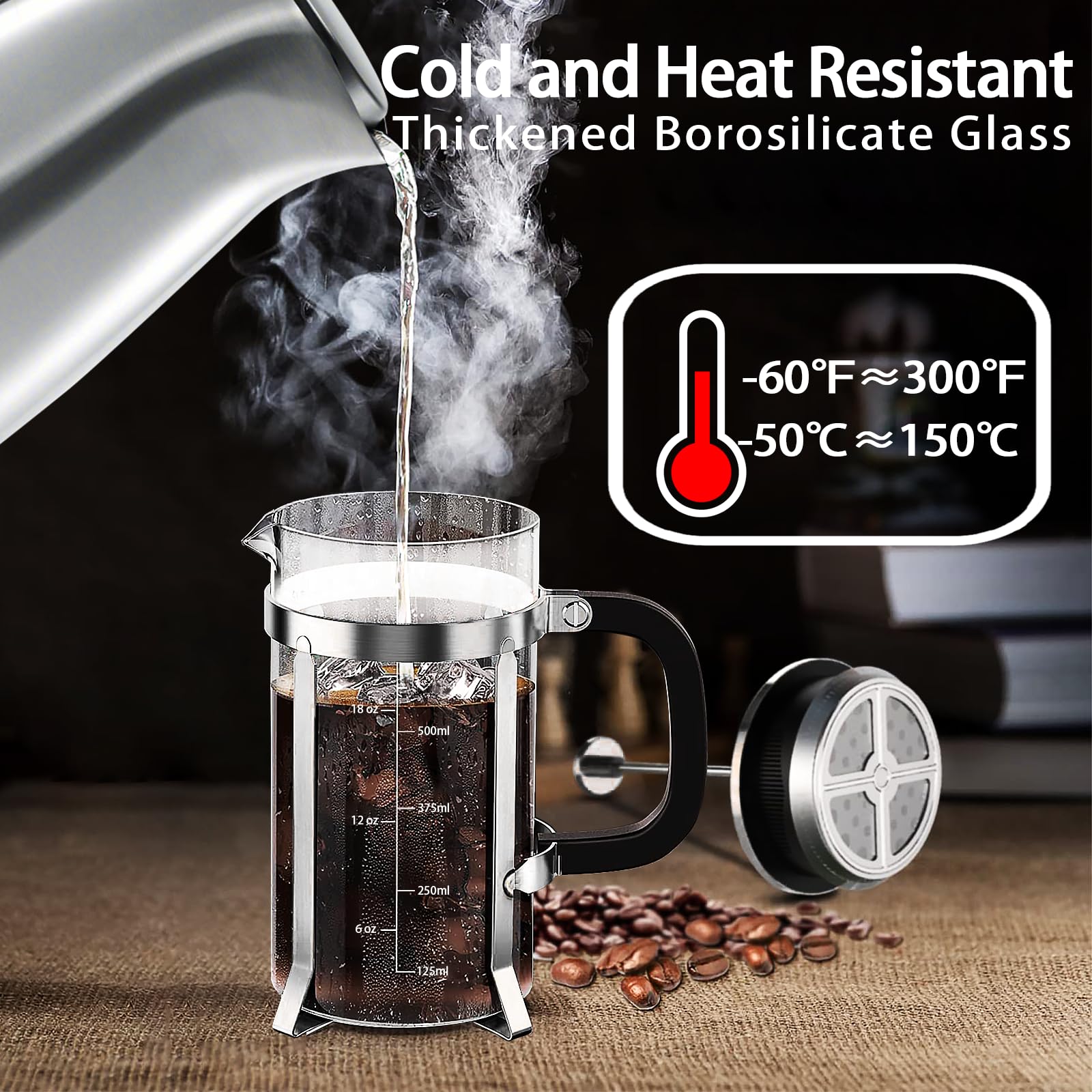 YMMIND French Press Kaffeemaschine, 21 oz Kaffeepresse aus 304 Edelstahl, mit 4 Filtersystem, hitzebeständiges dickes Borosilikatglas für die French Press, BPA-freie Teekanne mit Kaffeekolben