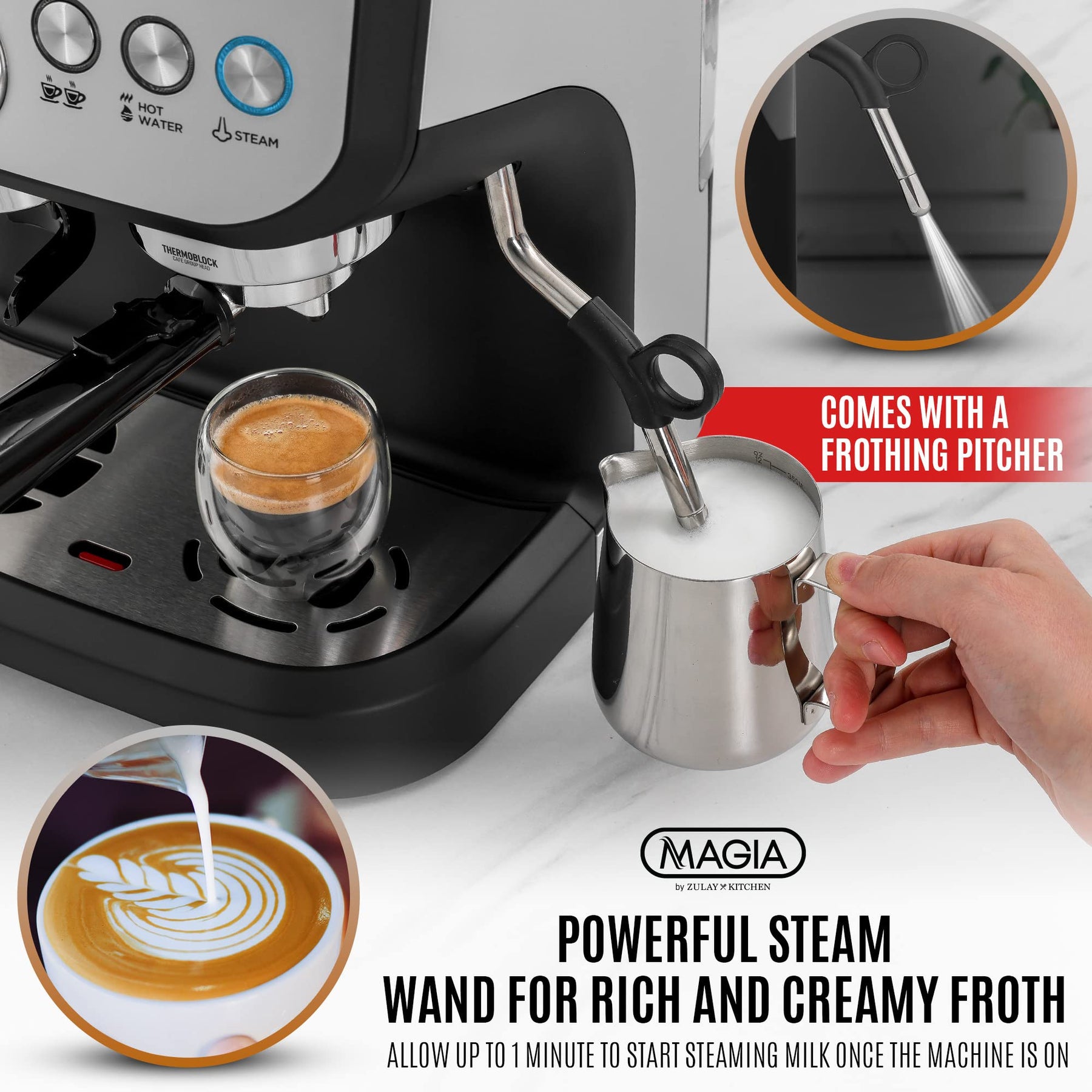 Zulay Kitchen Magia Manuelle Espressomaschine mit Mahlwerk und Milchaufschäumer – 15 Bar Druckpumpe, Cappuccinomaschine – Latte-Maschine – &amp; extragroßer abnehmbarer 2-Liter-Wassertank