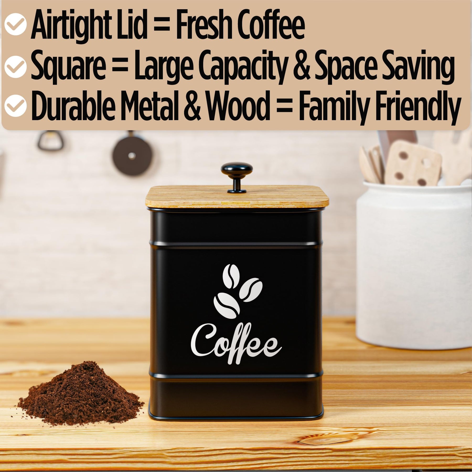 Airtight Coffee Canister - 40 oz Large Iron Black Coffee Container Airtight - Coffee Container for Ground Coffee - Coffee Bean Storage Container - Coffee Pods Holder - Ground Coffee Storage Container