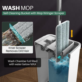 JOYMOOP Mop and Bucket with Wringer Set, White Flat Squeeze Mop Bucket Set for Floor Cleaning, Wet Dry Mop for Wall Cleaner with Long Handle, Hardwood Floor Mop with 4 Microfiber Cloths