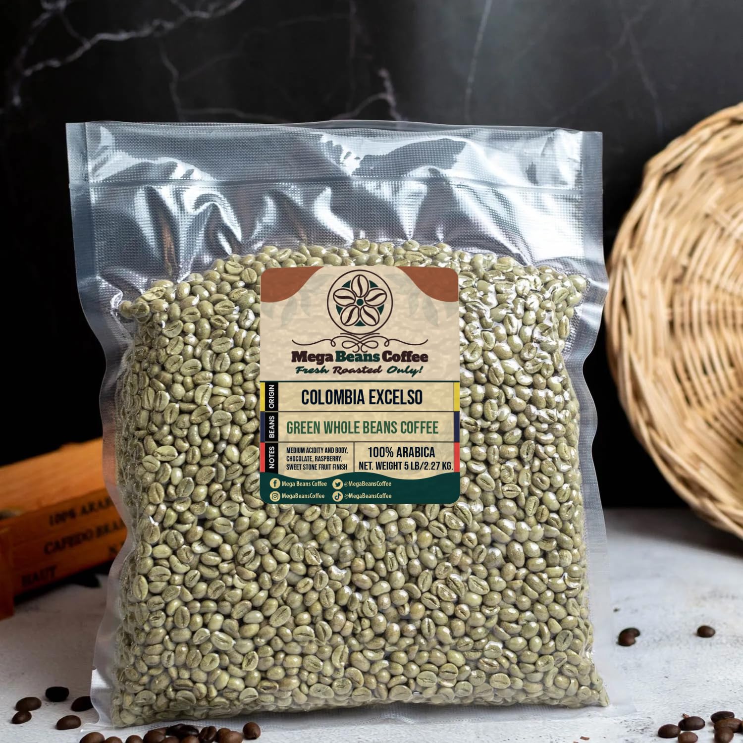 Unroasted Green Coffee Beans, Mega Beans Coffee, Colombia Ixtapa Excelso, 100% Arabica (5LB)