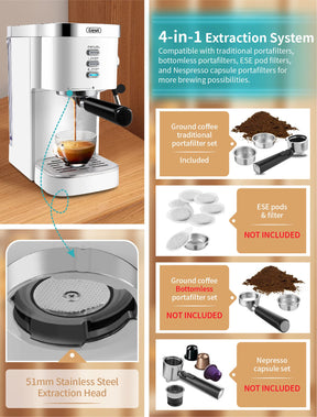 Gevi Espressomaschinen, 20 Bar, schnelles Aufheizen, kommerzielle automatische Cappuccino-Kaffeemaschine mit Milchaufschäumer für Espresso, Latte Macchiato, 1,2 l abnehmbarer Wassertank