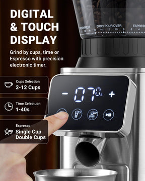 AMZCHEF Coffee Grinder, Coffee Bean Grinder for Home Use with Precise Grinding, LED Control Panel, Detachable Funnel Stand, 24 Grind Settings,Silver