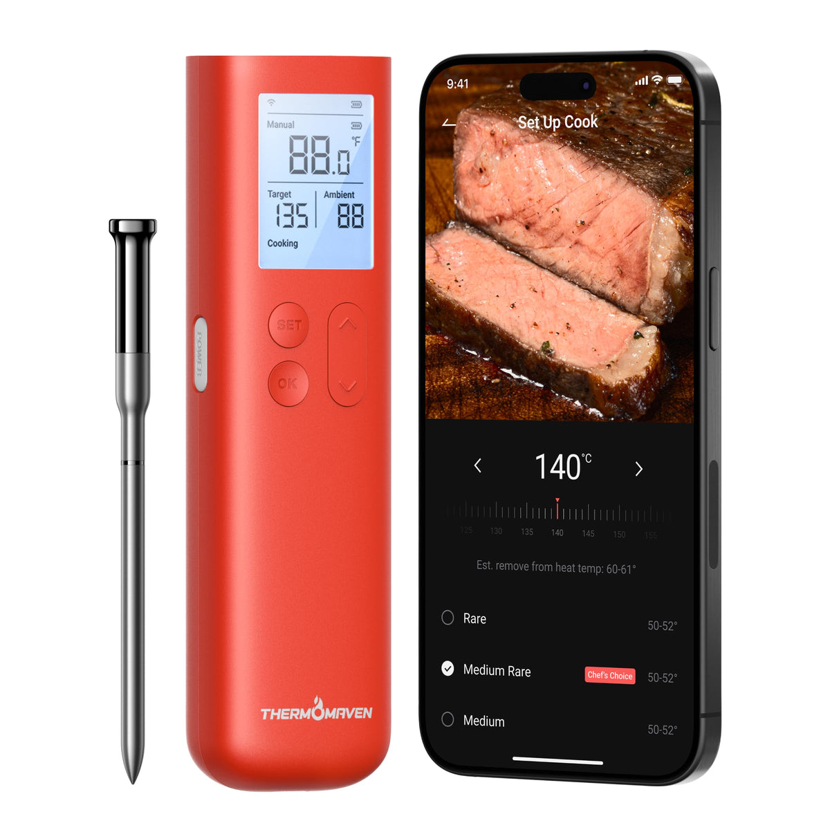 ThermoMaven Wireless Meat Thermometer, 10X Enhanced Signal and Stability with Sub-1G, Standalone Base with Display & Control, Certified Accuracy ±0.5°F, WiFi Unlimited Range for BBQ, Oven,Smoker,Grill