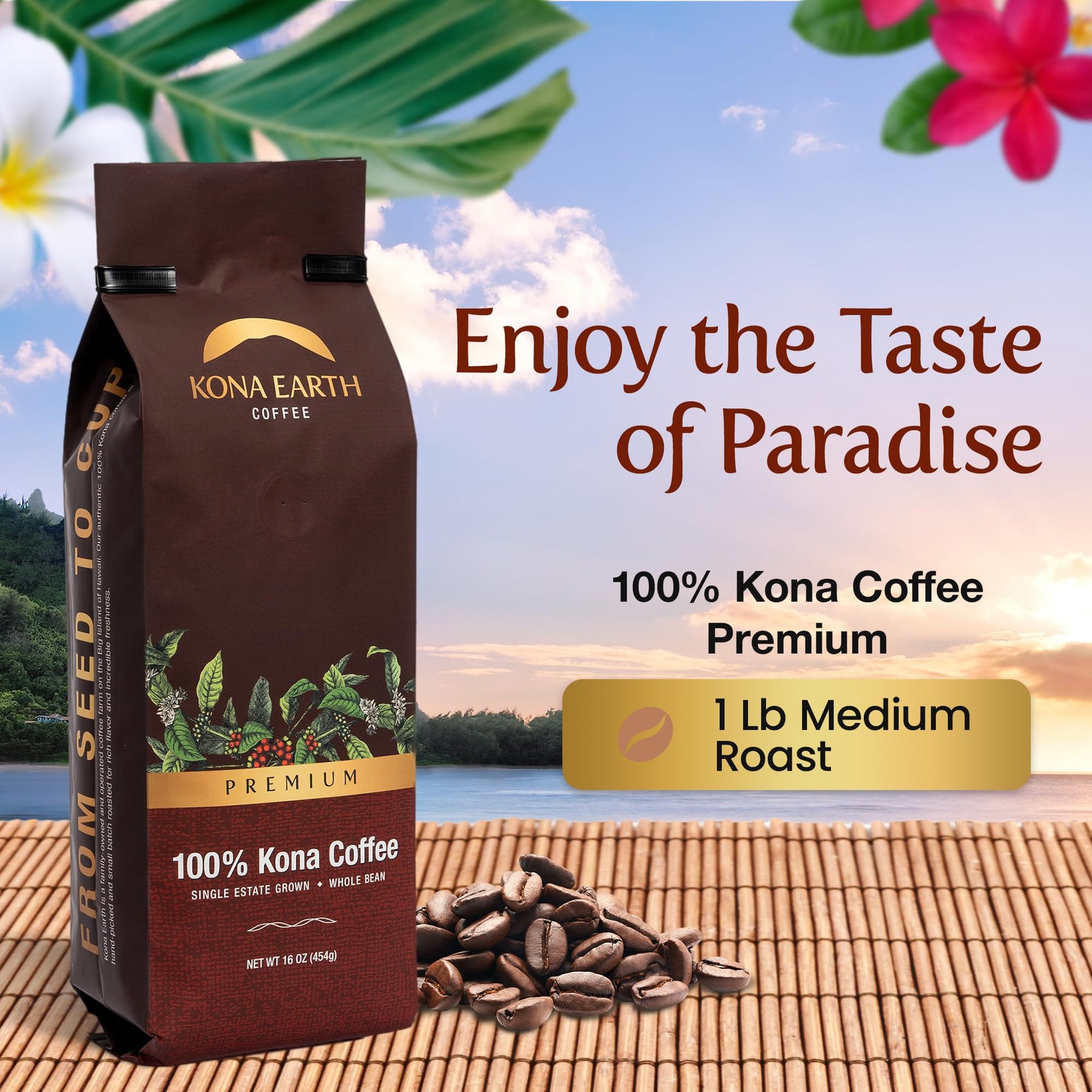 Kona Earth - Premium, 100% Kona Coffee, Medium Roast Coffee, Single-Estate Grown Micro-Batch-Roasted Whole Coffee Beans, 1 lb. (Pack of 1)