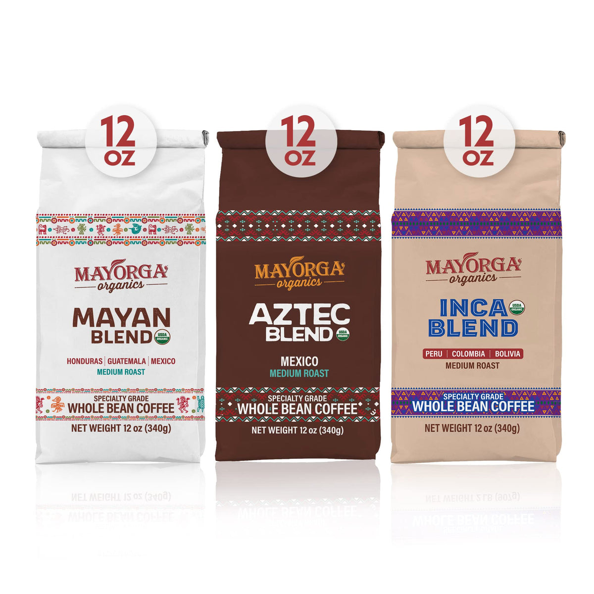 Mayorga Coffee Gift Pack of 3, 12 oz bags - Medium Roast Sampler Pack - Mayan Blend, Aztec Blend, & Inca Blend - 100% Arabica Whole Bean Organic Coffee - Specialty Grade, Non-GMO, Direct Trade