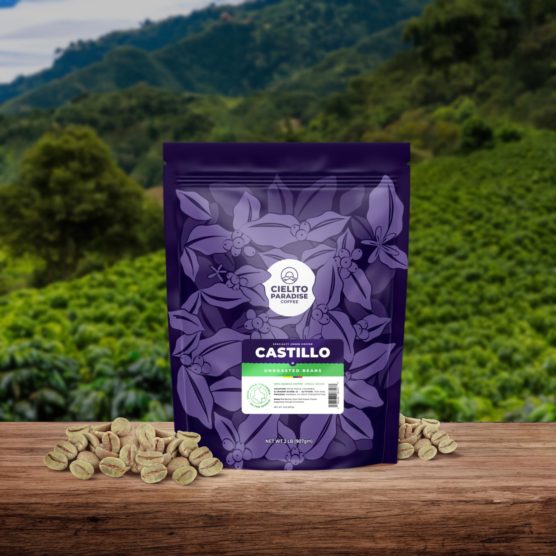 2 Lb, Fresh Single Origin Unroasted Green Coffee Beans, Specialty Grade From Huila Colombia, Direct Trade (Castillo Varietal)