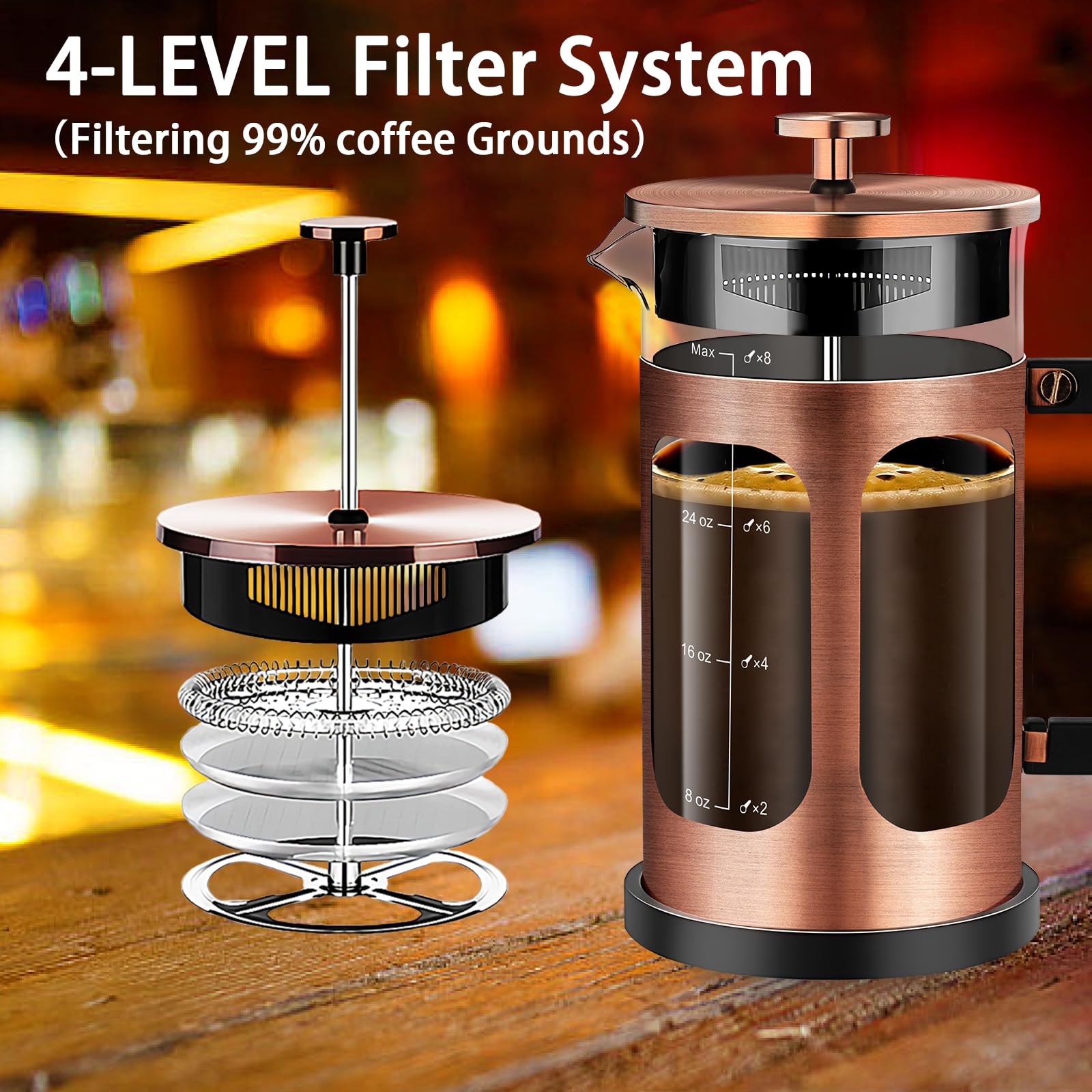 YMMIND French Press Kaffeemaschine (34oz 1Quart 5-6Tassen) Kaffeepresse, mit 4 Filtersystem, hitzebeständiges dickes Borosilikatglas, kalt gebrühter Kaffee, Teekanne, Geschenke (Kupfer)