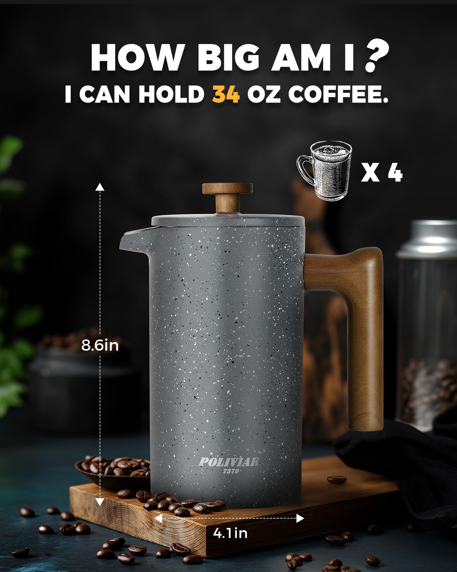 POLIVIAR French Press Kaffeemaschine, 34 Unzen Kaffeepresse mit Griff aus echtem Holz, doppelwandige Isolierung und Doppelfiltersieb, lebensmittelechter Edelstahl für guten Kaffee und Tee (Lava)