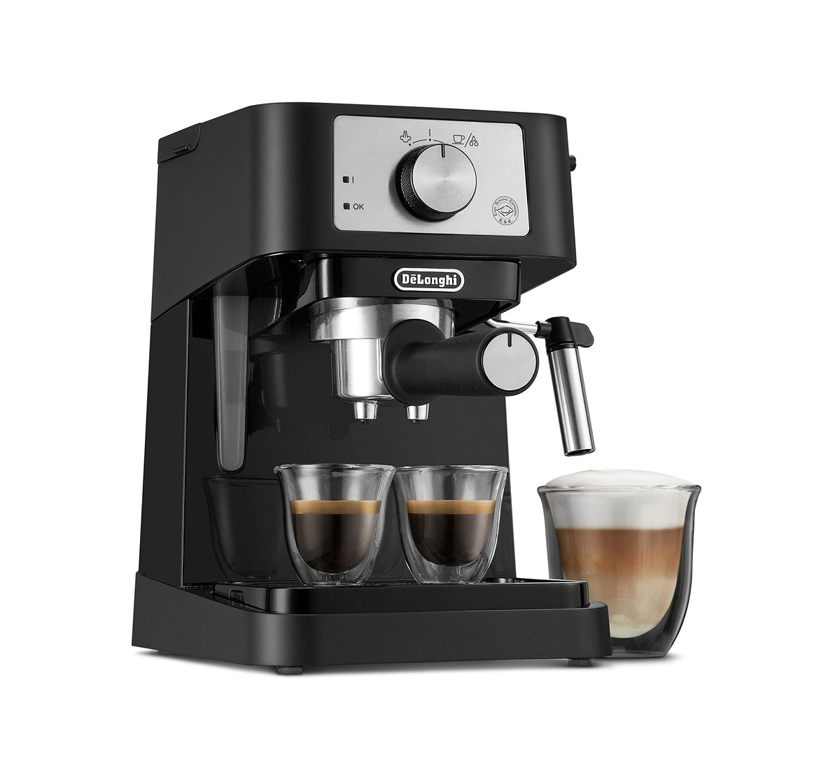 De'Longhi Stilosa 手動エスプレッソマシン、ラテ&amp;カプチーノメーカー、15バールポンプ圧力+ミルク泡立て器スチームワンド、ブラック/ステンレス、EC260BK、13.5 x 8.07 x 11.22インチ