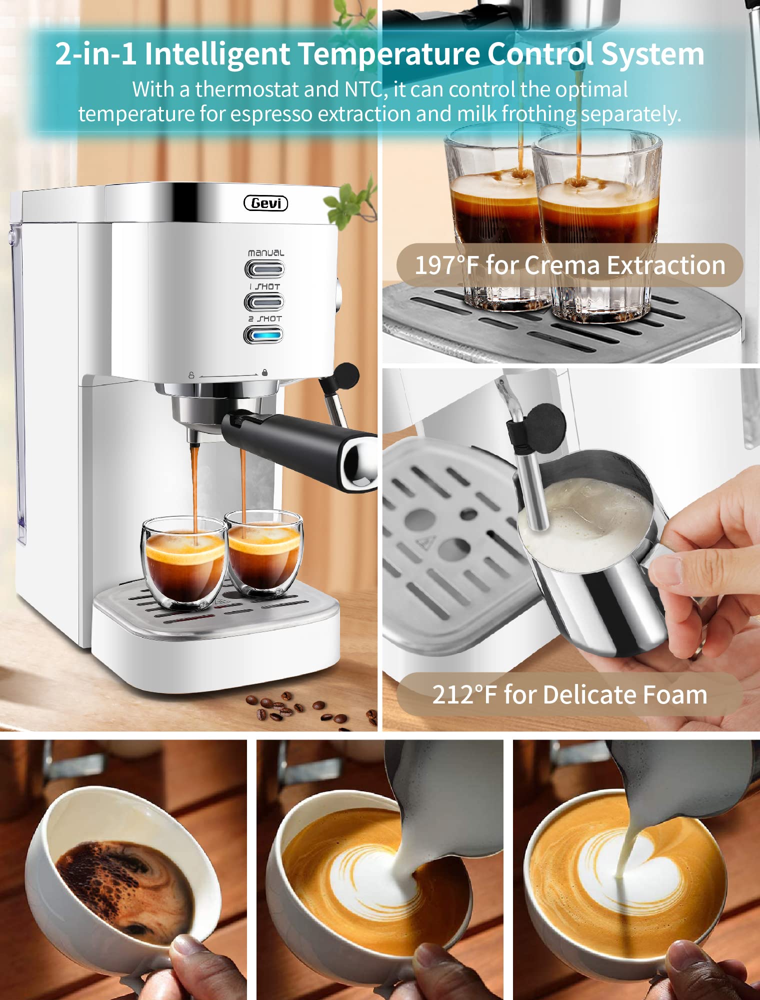 Gevi Espressomaschinen, 20 Bar, schnelles Aufheizen, kommerzielle automatische Cappuccino-Kaffeemaschine mit Milchaufschäumer für Espresso, Latte Macchiato, 1,2 l abnehmbarer Wassertank