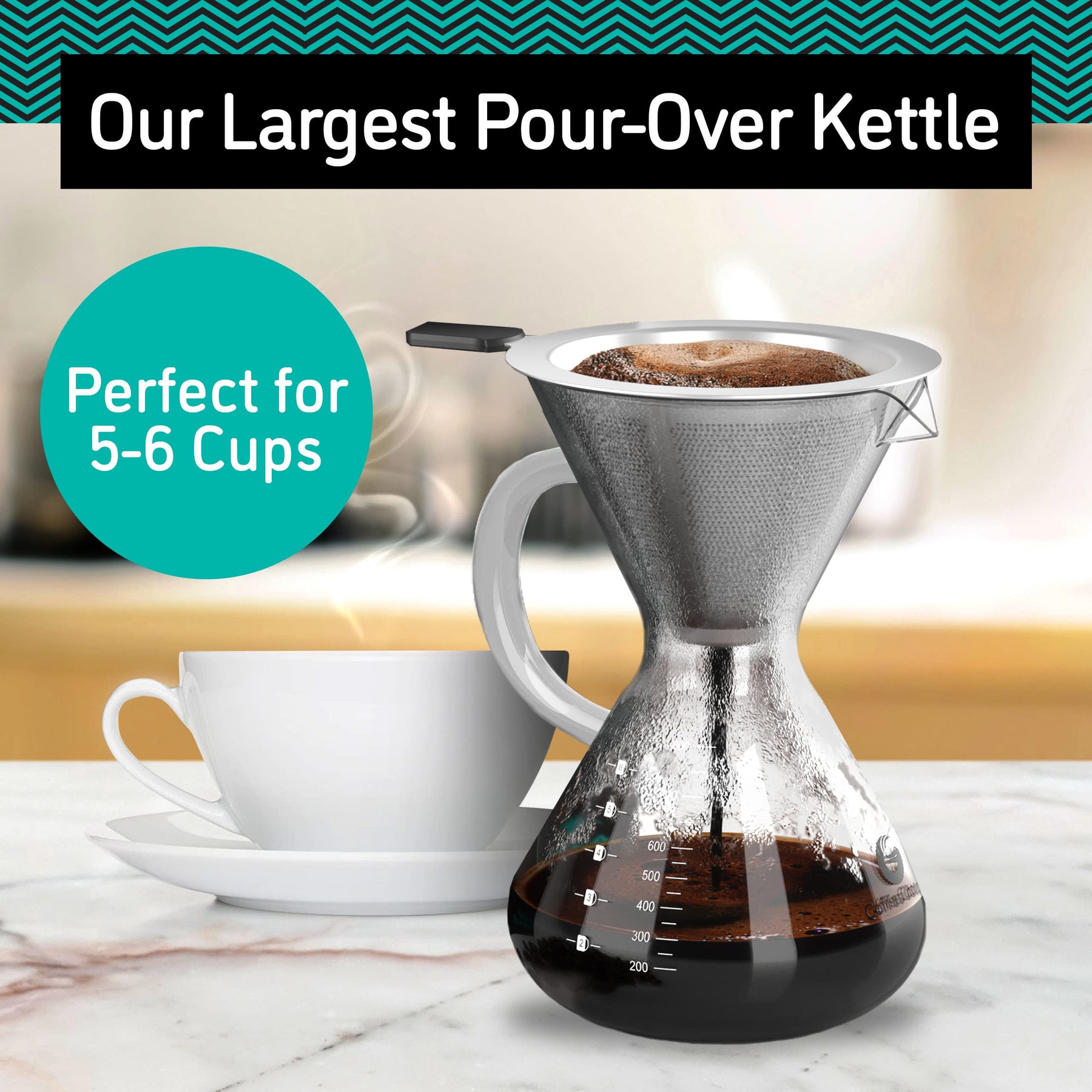 Coffee Gator Pour Over Coffee Maker - 27 oz Paperless, Portable, Drip Coffee Brewer Pour Over Set w/Glass Carafe & Stainless-Steel Mesh Filter, 800ml Clear