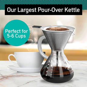 Coffee Gator Pour Over Coffee Maker - 27 oz Paperless, Portable, Drip Coffee Brewer Pour Over Set w/Glass Carafe & Stainless-Steel Mesh Filter, 800ml Clear