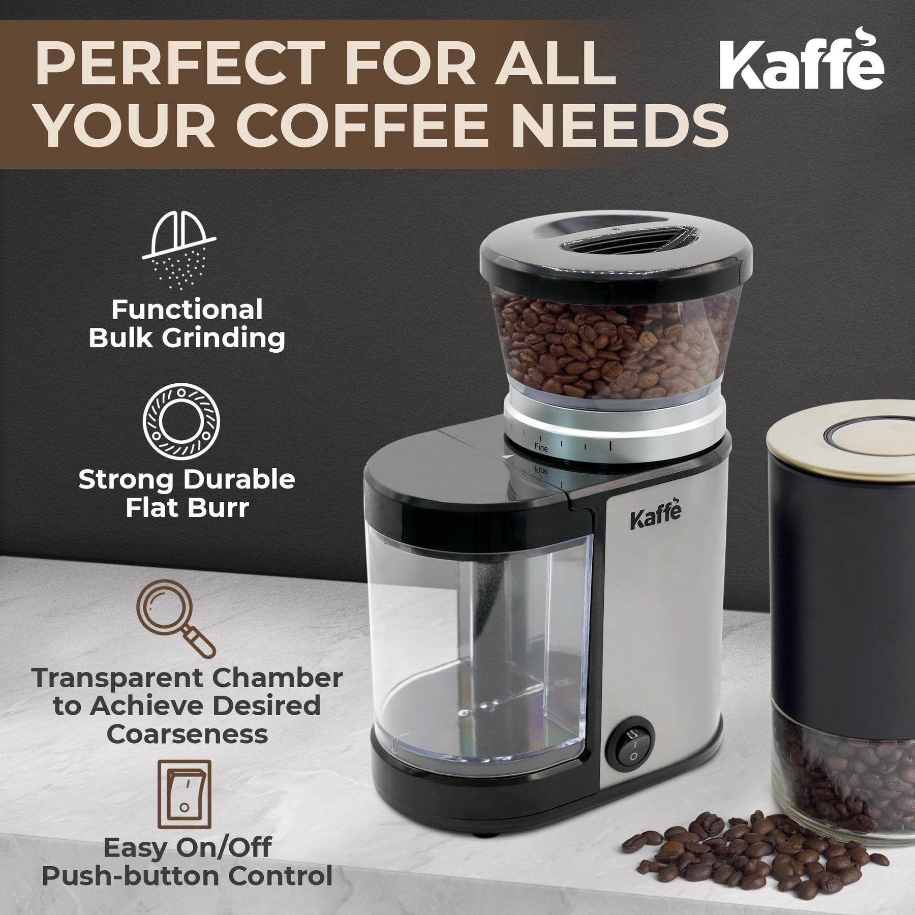 Kaffe Electric Burr Coffee Grinder (5.5oz) w/Adjustable Precise Coarseness Settings - Flat Burr - [Improved Motor] - Precision Coffee Bean Grinder for Home Use - Stainless Steel