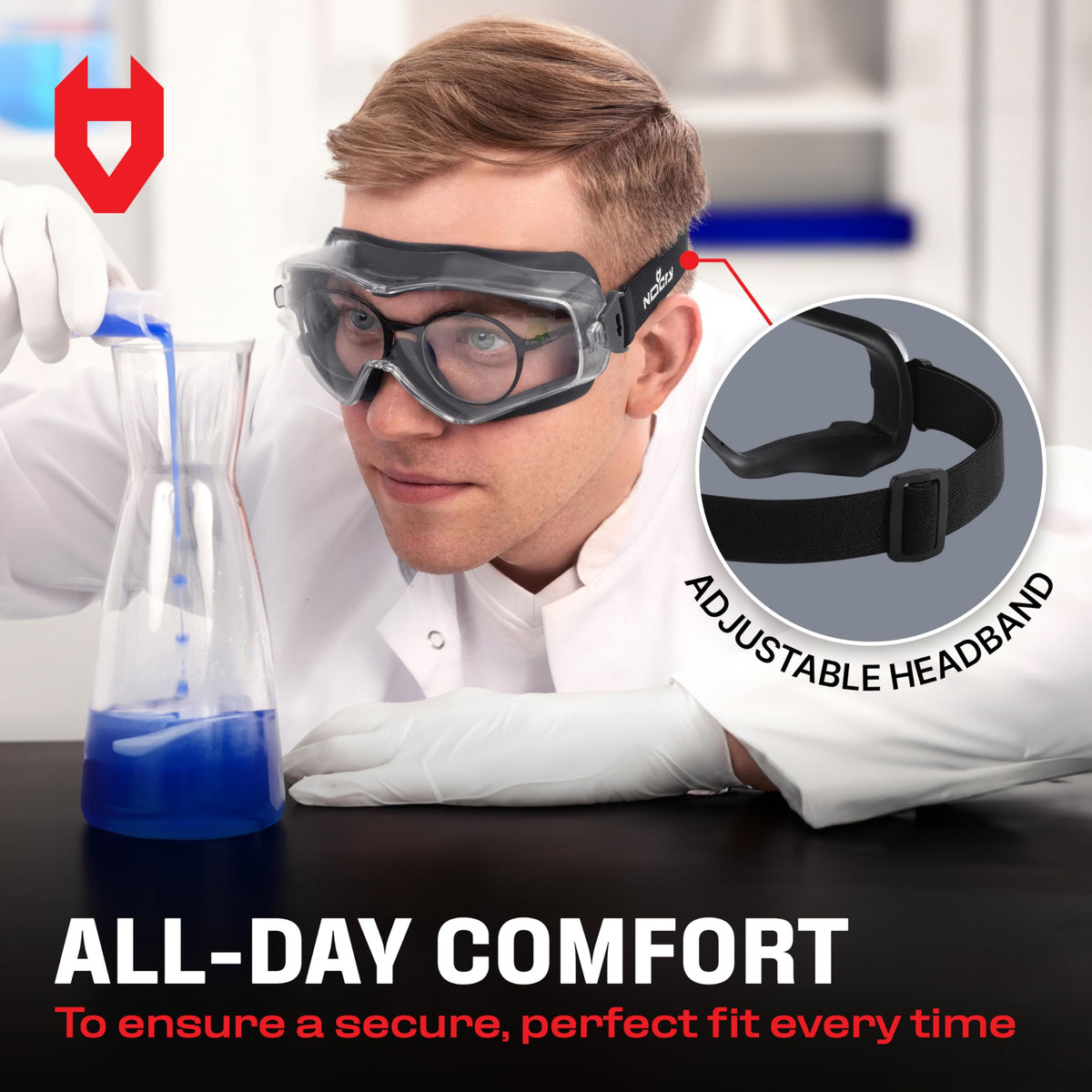 NoCry Safety Goggles Over Glasses with Extreme Impact Resistance — ANSI Z87.1 Certified Eye Protection with Anti-Fog, Anti-Scratch and UV380 Lenses — Adjustable Strap — Ideal for the Chemistry Lab