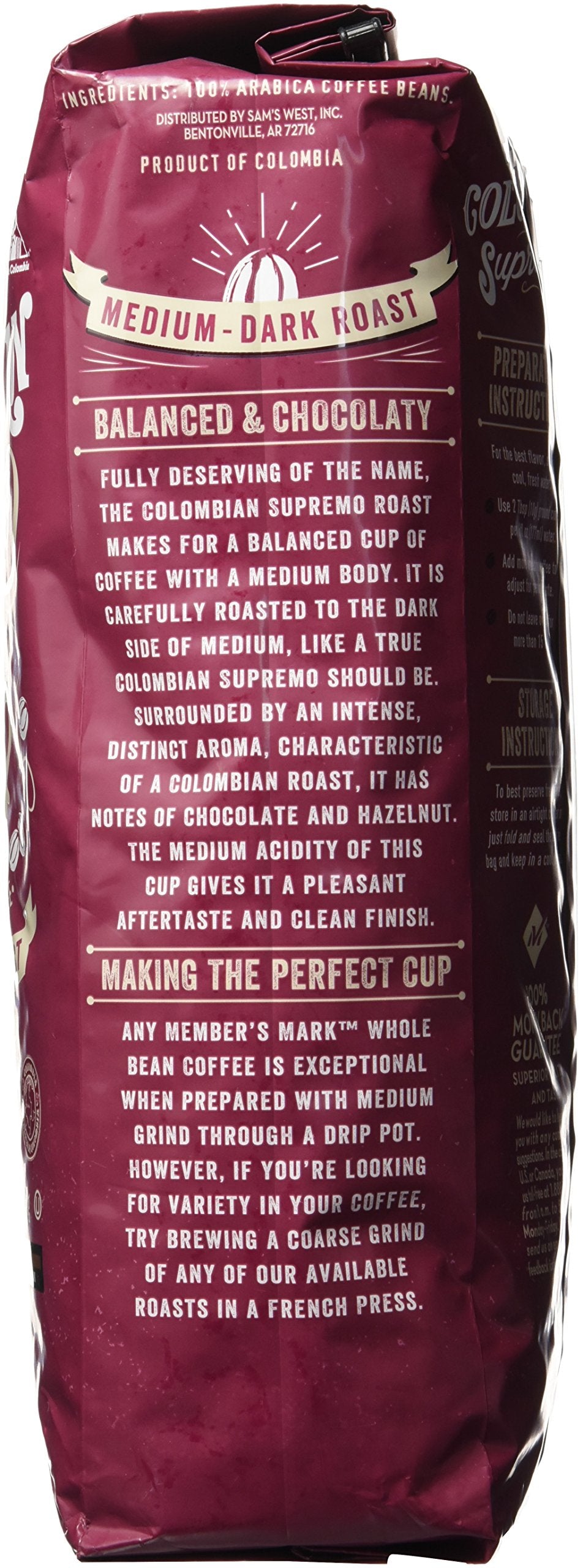 Member's Mark Colombian Supremo Whole Bean Coffee (40 OZ), Sweet Chocolate & Hazelnut Notes, 40 oz, Medium Dark Roast