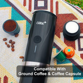 CERA+ Portable Espresso Maker,Self-Heating Electric Mini Coffee Machine,20 Bar Pressure Compatible with NS Pods & Fine Grind for Travel, Camping, Hiking,Ideal Gifts for Birthday,Valentines Day(Black)