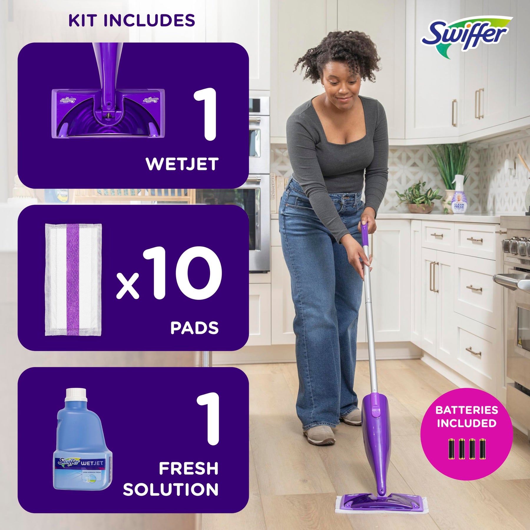 Swiffer WetJet ハードウッドおよびフロア用スプレーモップクリーナー スターターキット、内容: パワーモップ 1 台、パッド 10 枚、洗浄液、電池