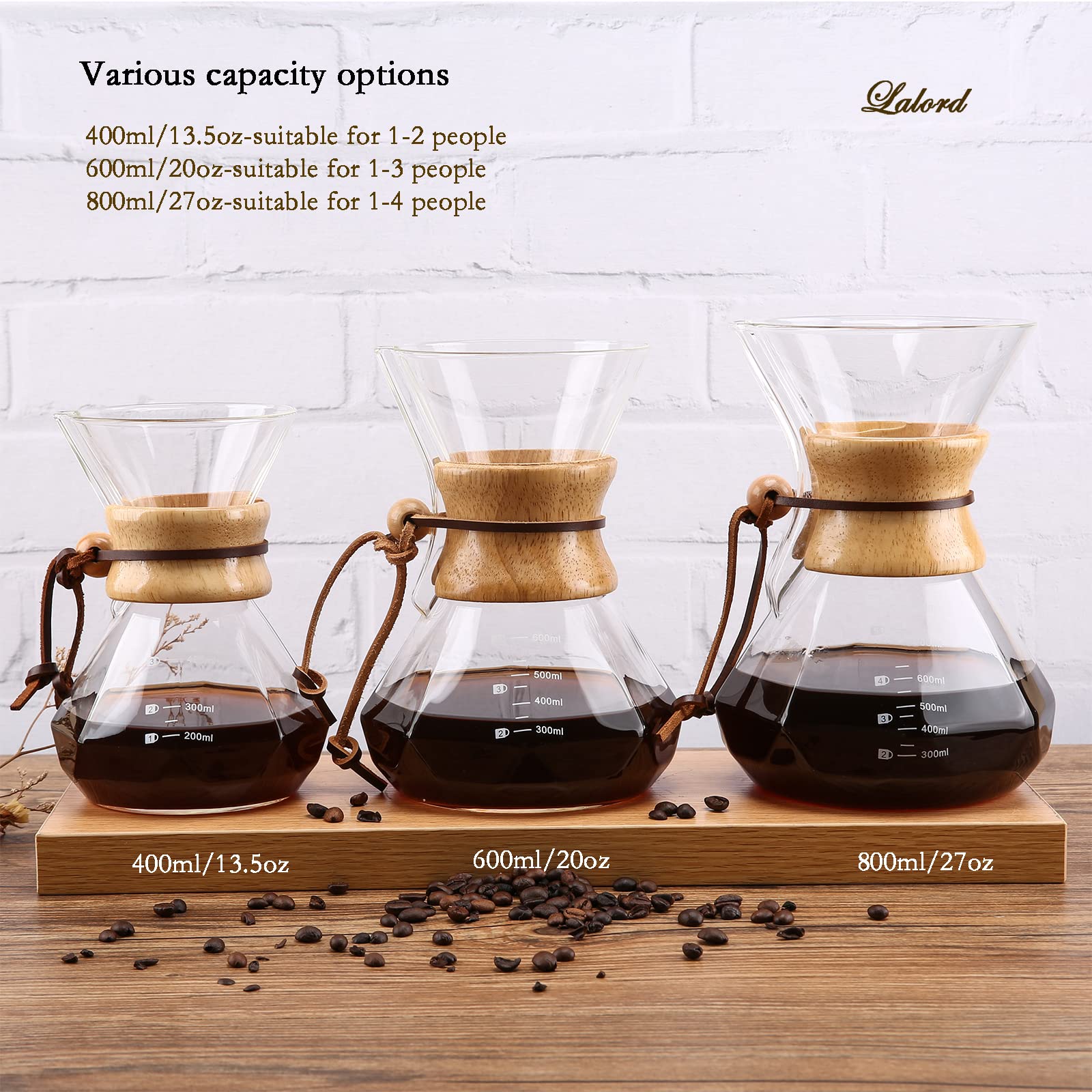 Lalord Pour Over Coffee Maker with Stainless Steel Filter, Borosilicate Glass Coffee Carafe, Modern Wooden Collar, Coffee Maker Carafe, Hold 2 Cups, 400 ml/13.5 oz, Clear