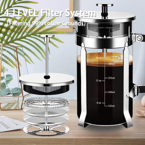 YMMIND French Press Kaffeemaschine, 21 oz Kaffeepresse aus 304 Edelstahl, mit 4 Filtersystem, hitzebeständiges dickes Borosilikatglas für die French Press, BPA-freie Teekanne mit Kaffeekolben