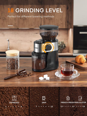 Elektrische Kaffeemühle mit flachem Mahlwerk, Kaffeebohnenmühle mit 18 präzisen Mahleinstellungen, 14 Tassen automatischer Kaffee mit flachem Mahlwerk für French Press, Filterkaffee und Espresso, Edelstahl, schwarz