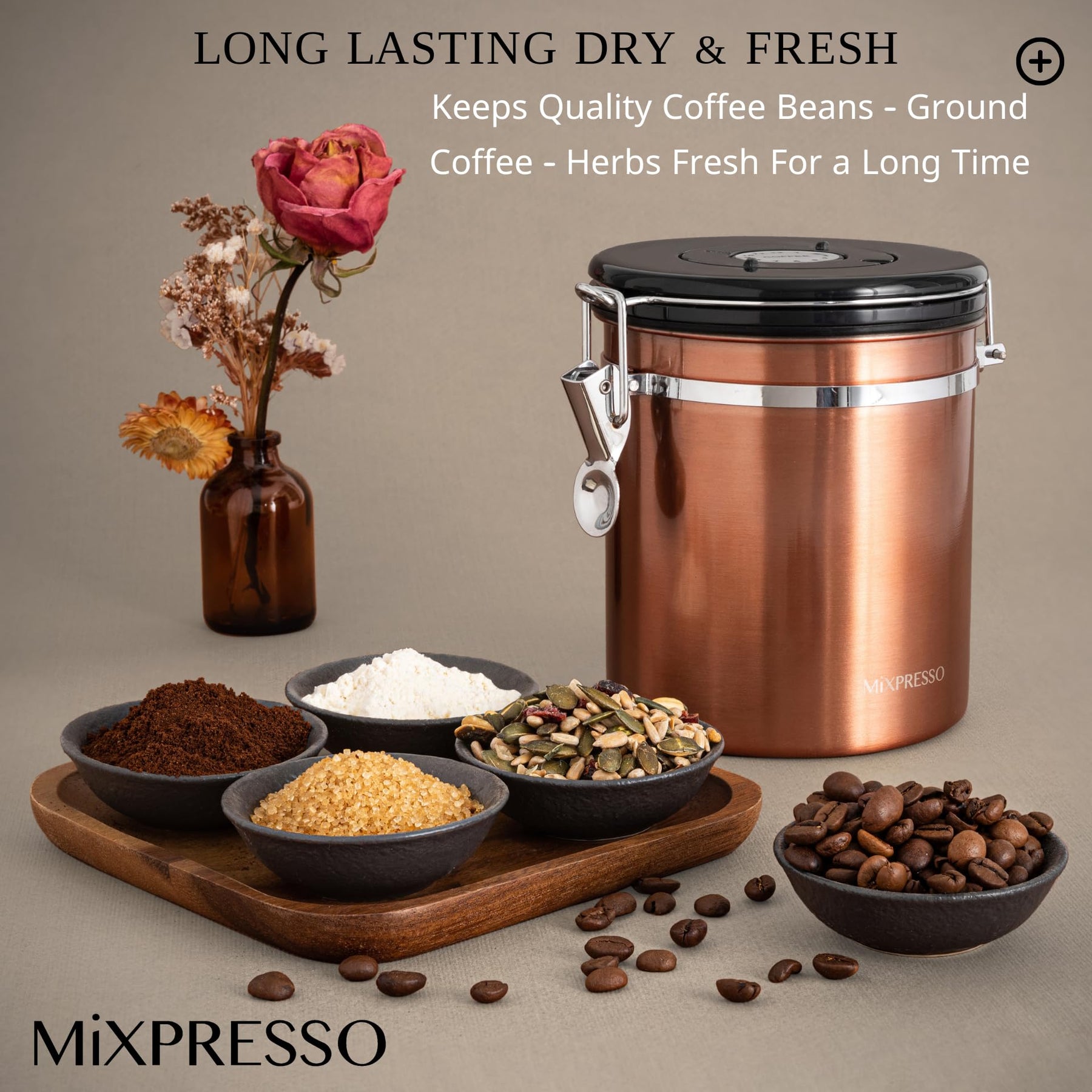 Mixpresso Bronze Stainless Steel Airtight Coffee Container with Date Tracker For Coffee & Tea, Vacuum Sealed Airtight Container, Coffee Jar 16 Ounces, Coffee Grounds Container, Coffee Tin