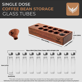 Single Dose Coffee Bean Storage Tubes KNODOS Coffee Bean Cellar 10 Pcs Dosing Glass Vials With Lids (2 Oz) Wooden Display Stand And Funnel