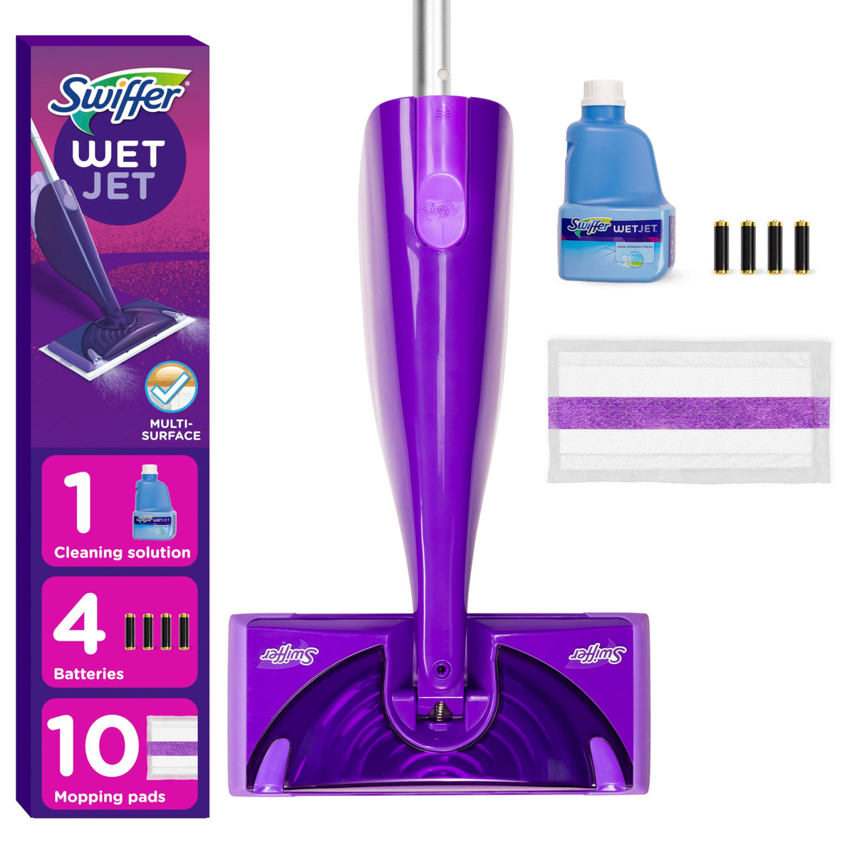 Swiffer WetJet Hardwood and Floor Spray Mop Cleaner Starter Kit, Includes: 1 Power Mop, 10 Pads, Cleaning Solution, Batteries