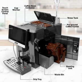 Zulay Magia Vollautomatische Espressomaschine mit Mahlwerk – 19 anpassbare Kaffeeoptionen – Automatische Reinigung für einfache Wartung – Milchschaumsystem für Latte, Cappuccino, Macchiato – Neues Silber