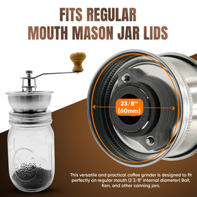 Stainless Steel Coffee Grinder Lid Attachment for Regular Mouth Mason Jars - Manual Crank Burr Grinder for Fresh Coffee, Ideal for Camping, Home Barista, Rust Proof Ceramic Mechanism