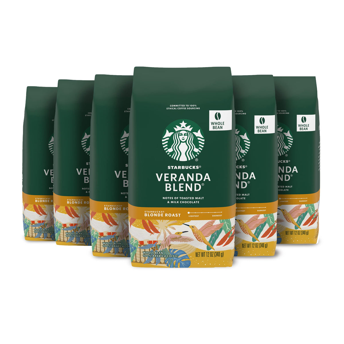 Starbucks Whole Bean Coffee, Starbucks Blonde Roast Coffee, Veranda Blend, 100 % Arabica, 6 Beutel (je 12 oz)