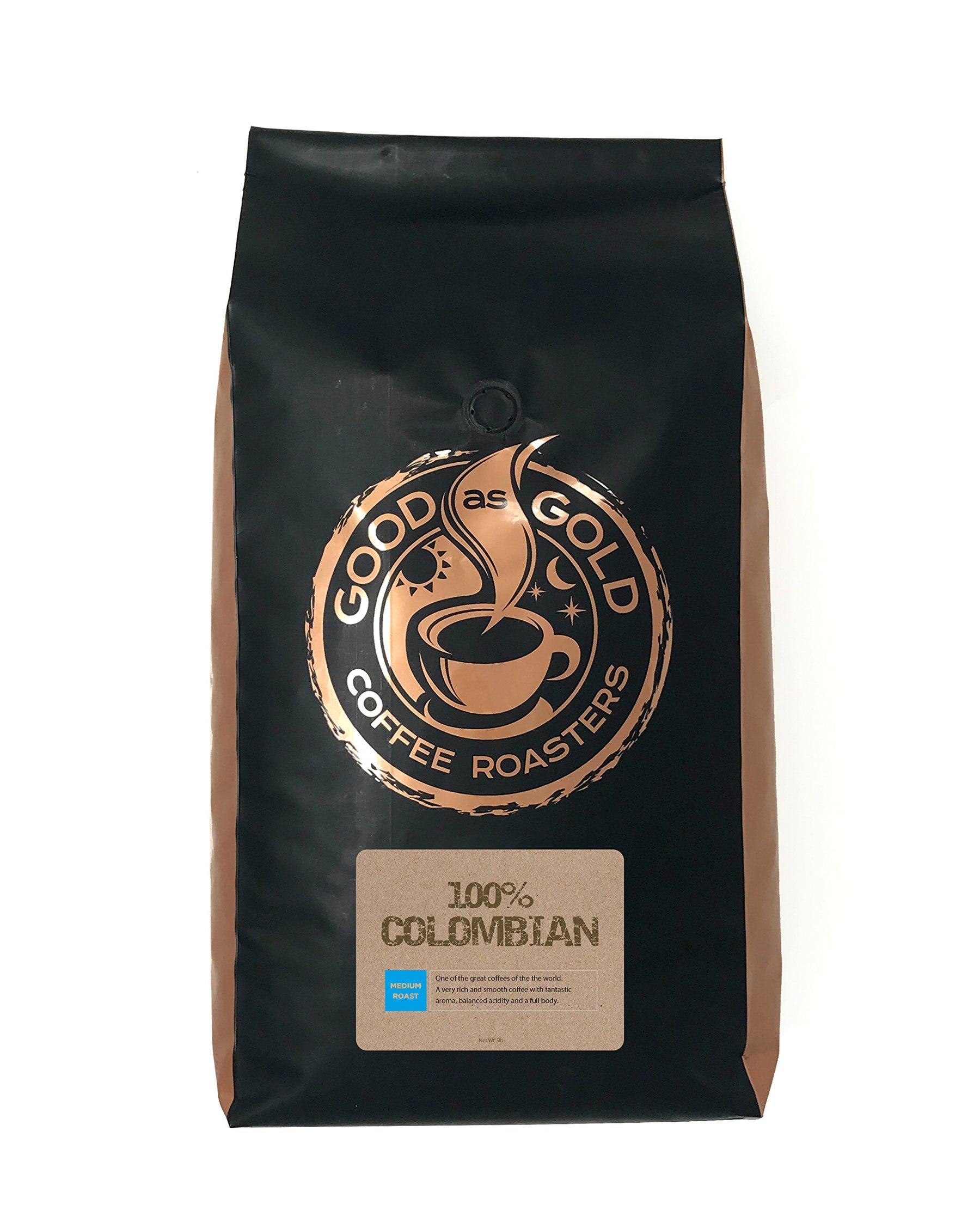 Colombian Supremo Coffee, Medium Roast, 5 Pound Bag, Whole Bean - Good As Gold Coffee Roasters