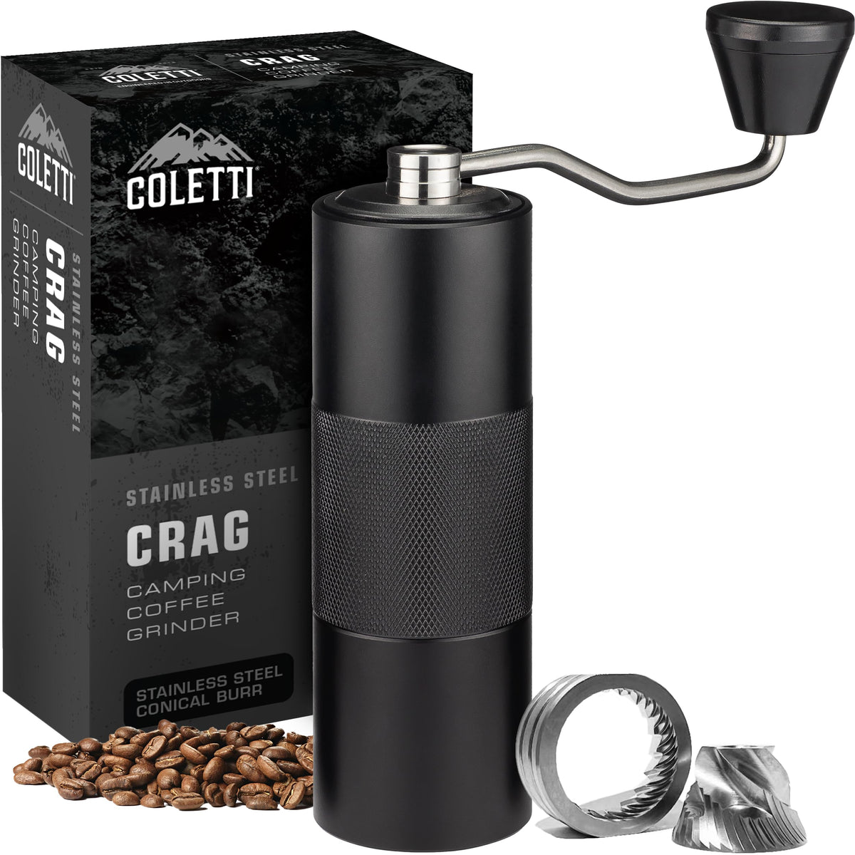 COLETTI Crag Hand Coffee Grinder — CNC Manual Coffee Grinder — Camping Coffee Grinder, Manual Burr Coffee Grinder, Coffee Hand Grinder – Travel Coffee Grinder for Camping, Hiking & Adventure