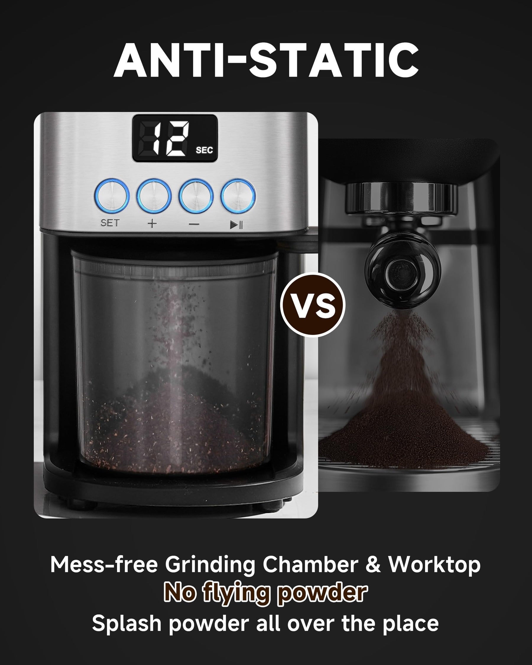 Conical Burr Coffee Grinder 30 Precise, Coffee Grinder with LED Screen & Anti-static Device, Adjustable Burr Grinder for 1-12 Cups or 1-40 Seconds