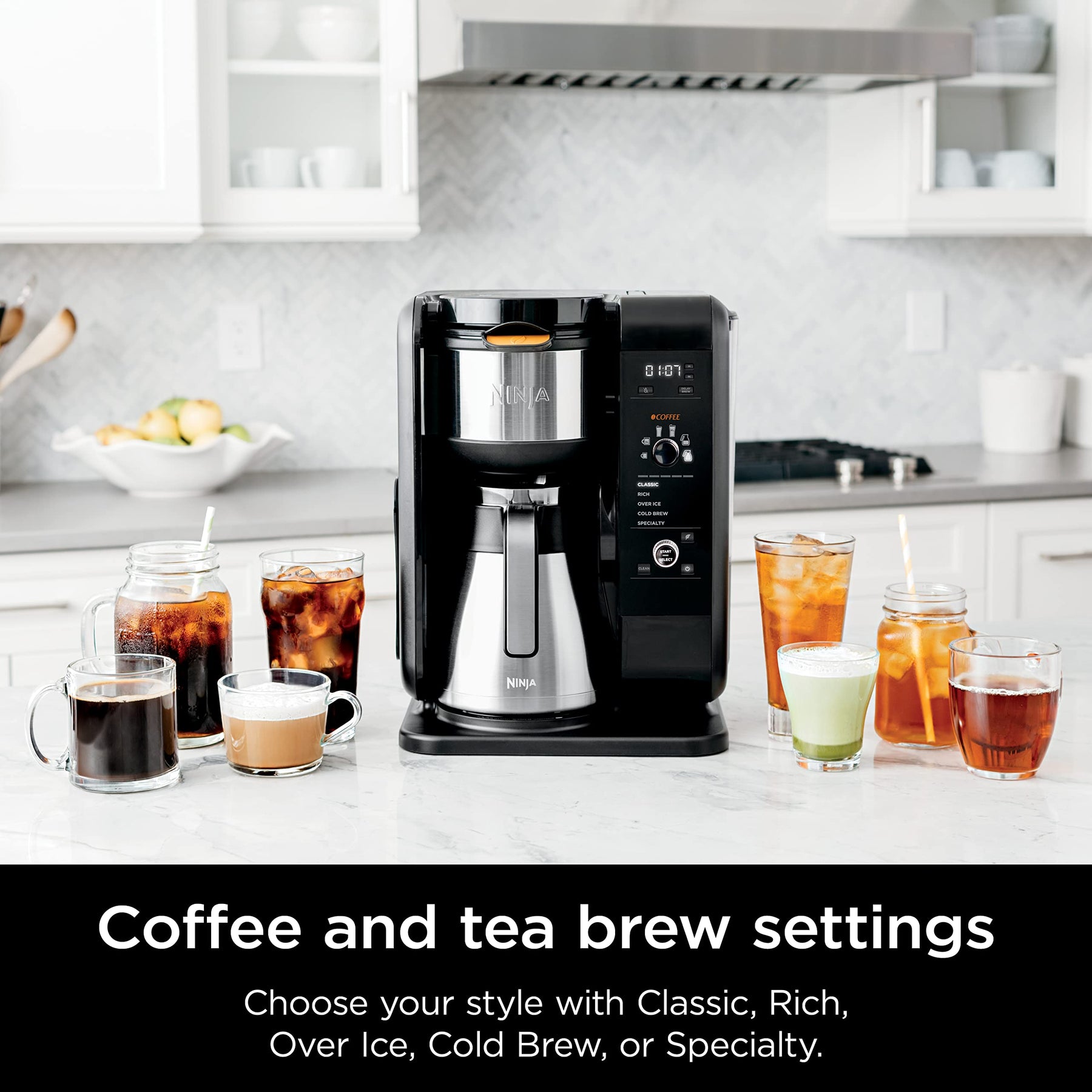 Ninja Hot and Cold Brewed System, Tea & Coffee Maker, with Auto-iQ, 6 Sizes, 5 Styles, 5 Tea Settings, 50 oz Thermal Carafe, Frother, Coffee & Tea Baskets, Dishwasher Safe Parts, Black, CP307