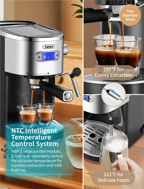 Gevi Espressomaschinen, 20 Bar, schnelles Aufheizen, automatische Cappuccino-Kaffeemaschine mit Milchaufschäumer für Espresso, 1,2 l abnehmbarer Wassertank, doppeltes Temperaturkontrollsystem, 1350 W, schwarz