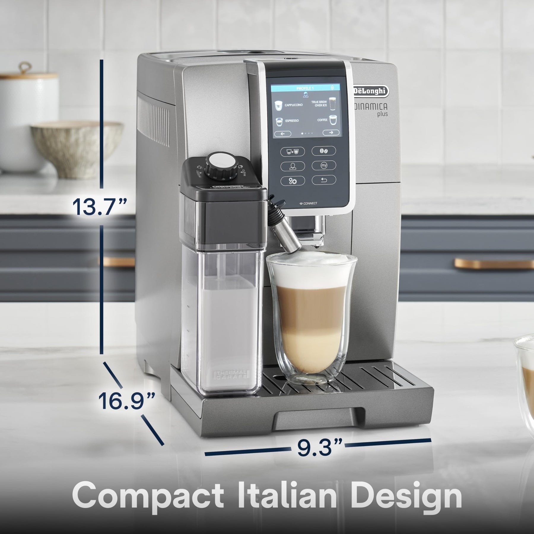 De'Longhi Dinamica Plus Connected Espresso & Coffee Machine with Automatic Milk Frother, One Touch Latte, Cappuccino, Color Touch Display, ECAM37095TI