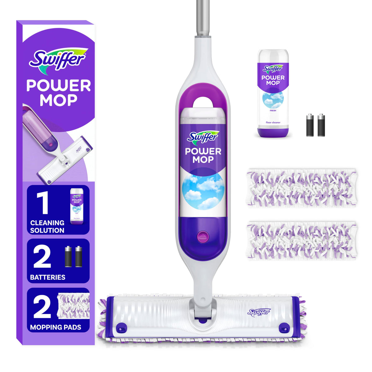 Swiffer PowerMop Multi-Surface Mop Kit for Floor Cleaning, Includes PowerMop, 2 Mopping Pad Refills, 1 Cleaning Solution with Fresh Scent and 2 Batteries