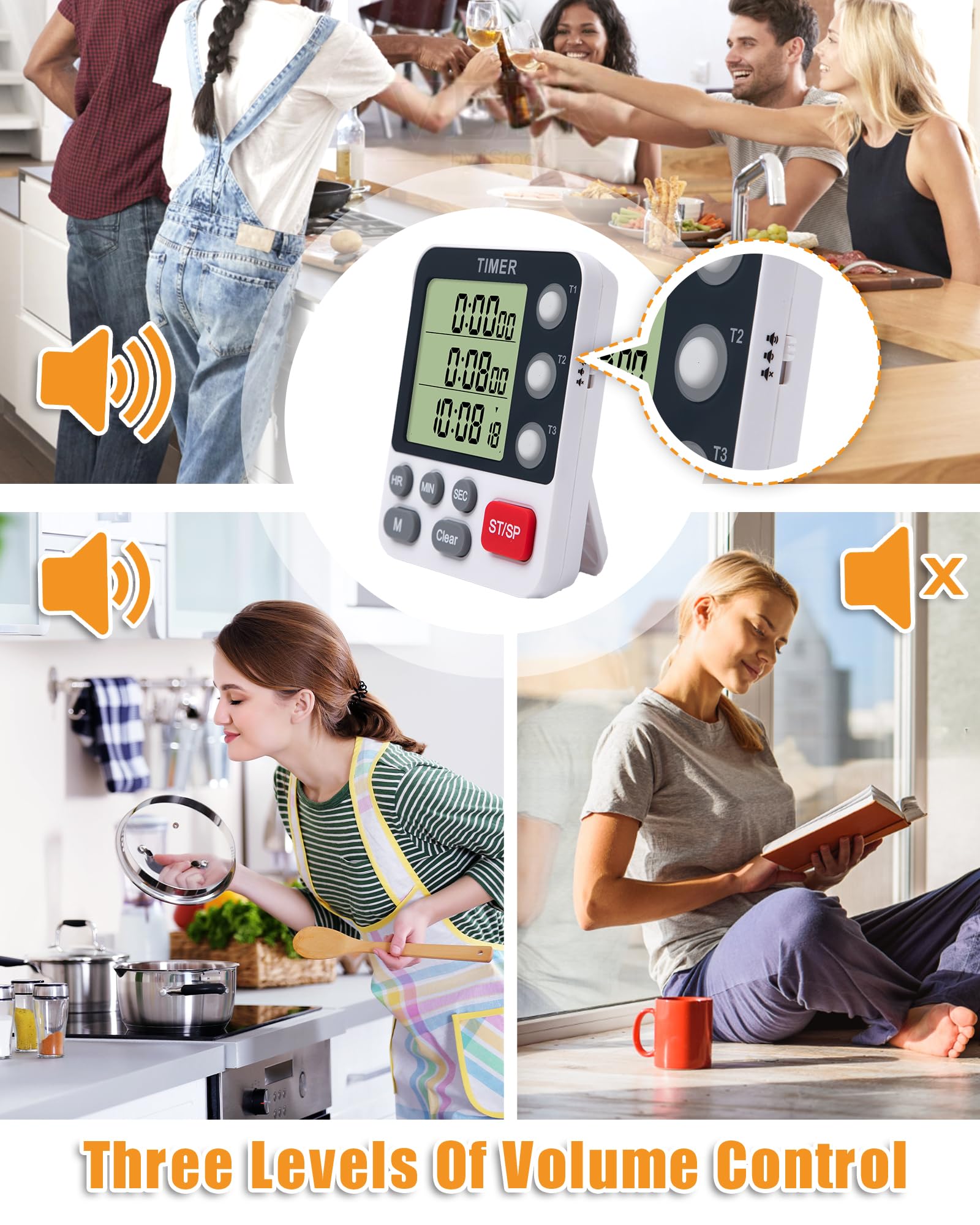 TPNEG Dual Kitchen Timer Digital - 3 Channel Timer for Cooking with Alarm, Large Display, Magnetic Back, Replaceable 3A Battery, Loud Food Timer, Modern White Design for Multi Timing Needs