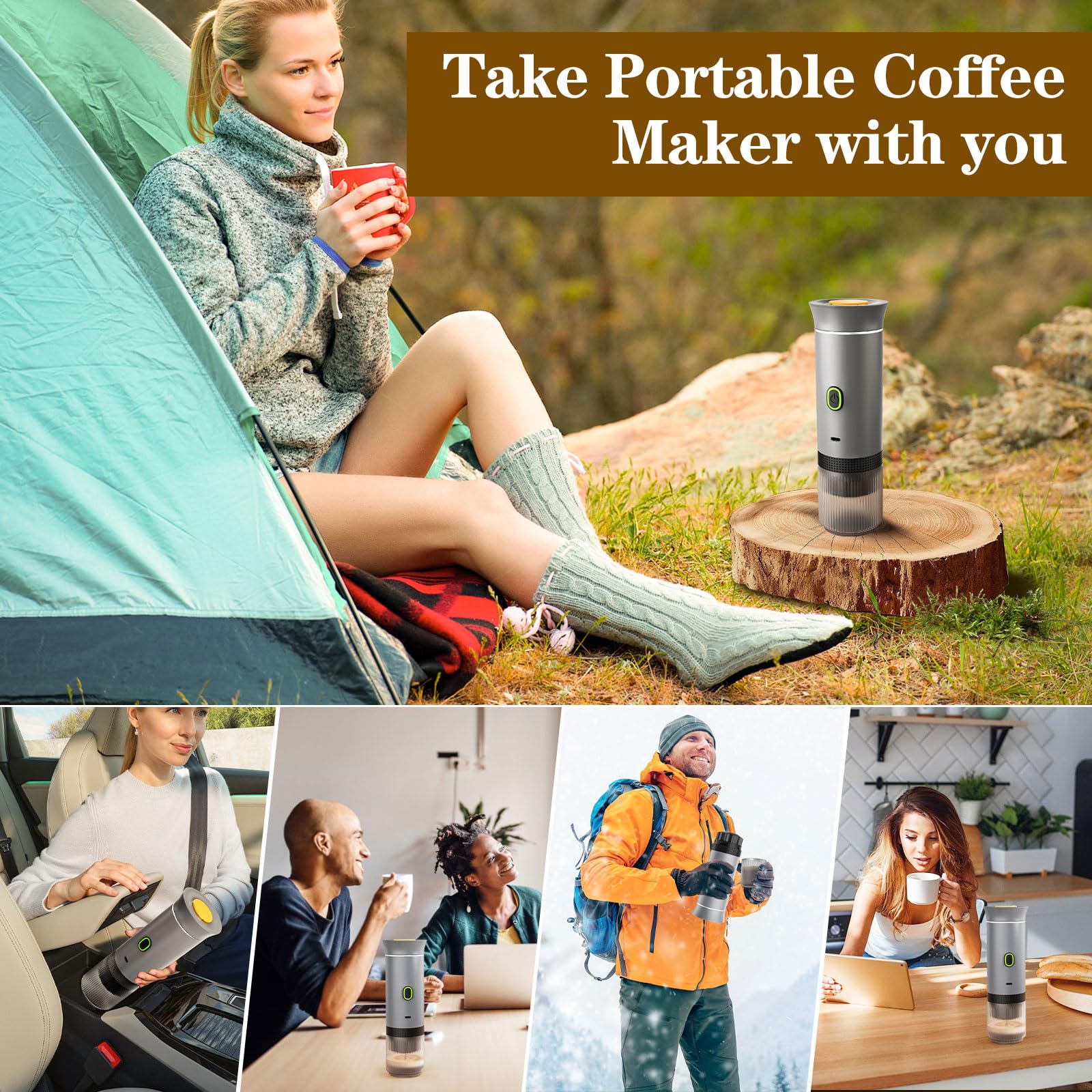 Tragbarer 3-in-1-Espressokocher, Mini-Kaffeemaschine für unterwegs, selbsterhitzende Auto-Kaffeemaschine mit USB-C, kleine Espressomaschine mit gemahlenem Kaffee und Kapseln (NS &amp; DG) für Wohnmobil, Wandern, Büro (Silber)