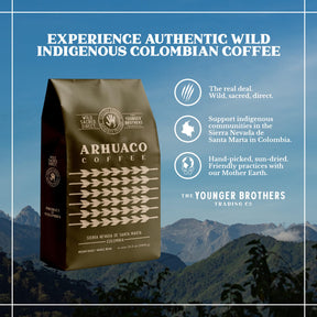 The Younger Brothers Trading Co. Arhuaco-Kaffee | Einheimische wilde Bio-Ganzbohnen | Ethisch gewonnener kolumbianischer Kaffee aus einer einzigen Herkunft | Arhuaco mittlere Röstung (Beutel mit 1 kg / 35,2 oz)