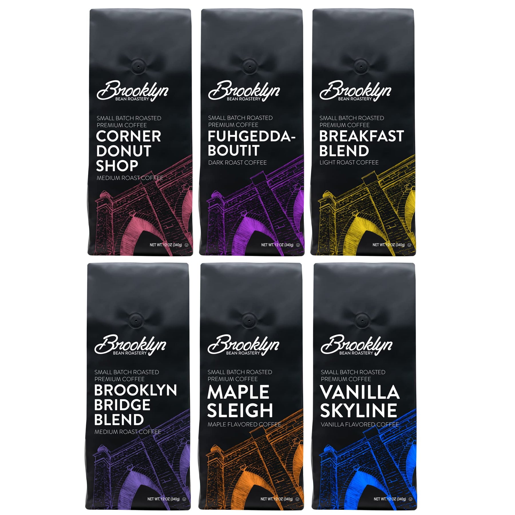 Brooklyn Beans gemahlener Kaffee in Beuteln, verschiedene Sorten, hell, mittel, dunkel geröstet und aromatisiert, verschiedene Geschenkproben, 12-oz-Packung, 72 Unzen (6er-Packung)