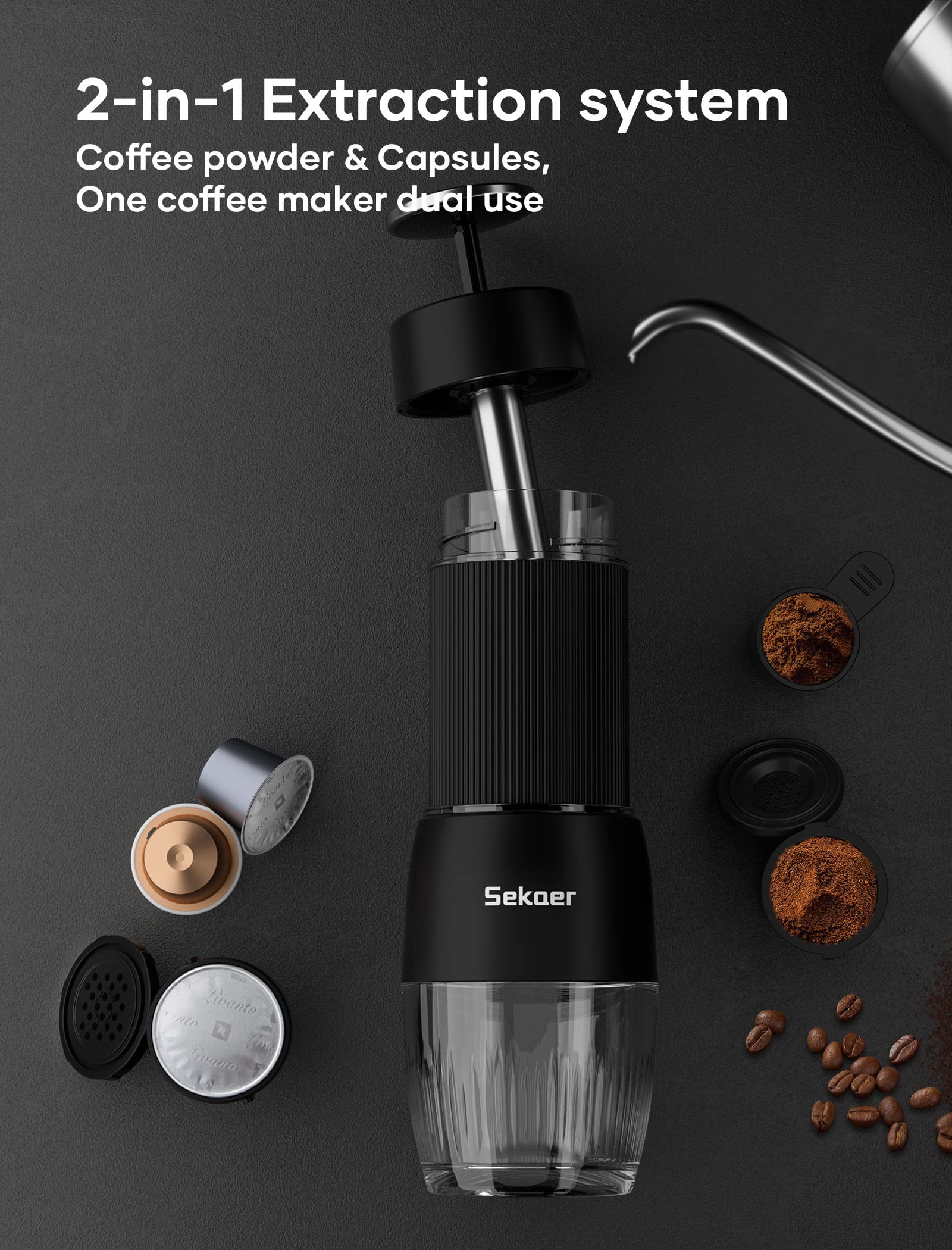 Sekaer Tragbare Espressomaschine, Reisekaffeemaschine, 2-in-1, kleiner Mini-Presso, kompatibel mit Nespresso-Originalkapseln, 18 Bar Druck, manuelle Aeropress-Kaffeemaschine