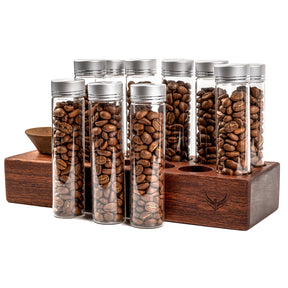 Single Dose Coffee Bean Storage Tubes KNODOS Coffee Bean Cellar 10 Pcs Dosing Glass Vials With Lids (2 Oz) Wooden Display Stand And Funnel