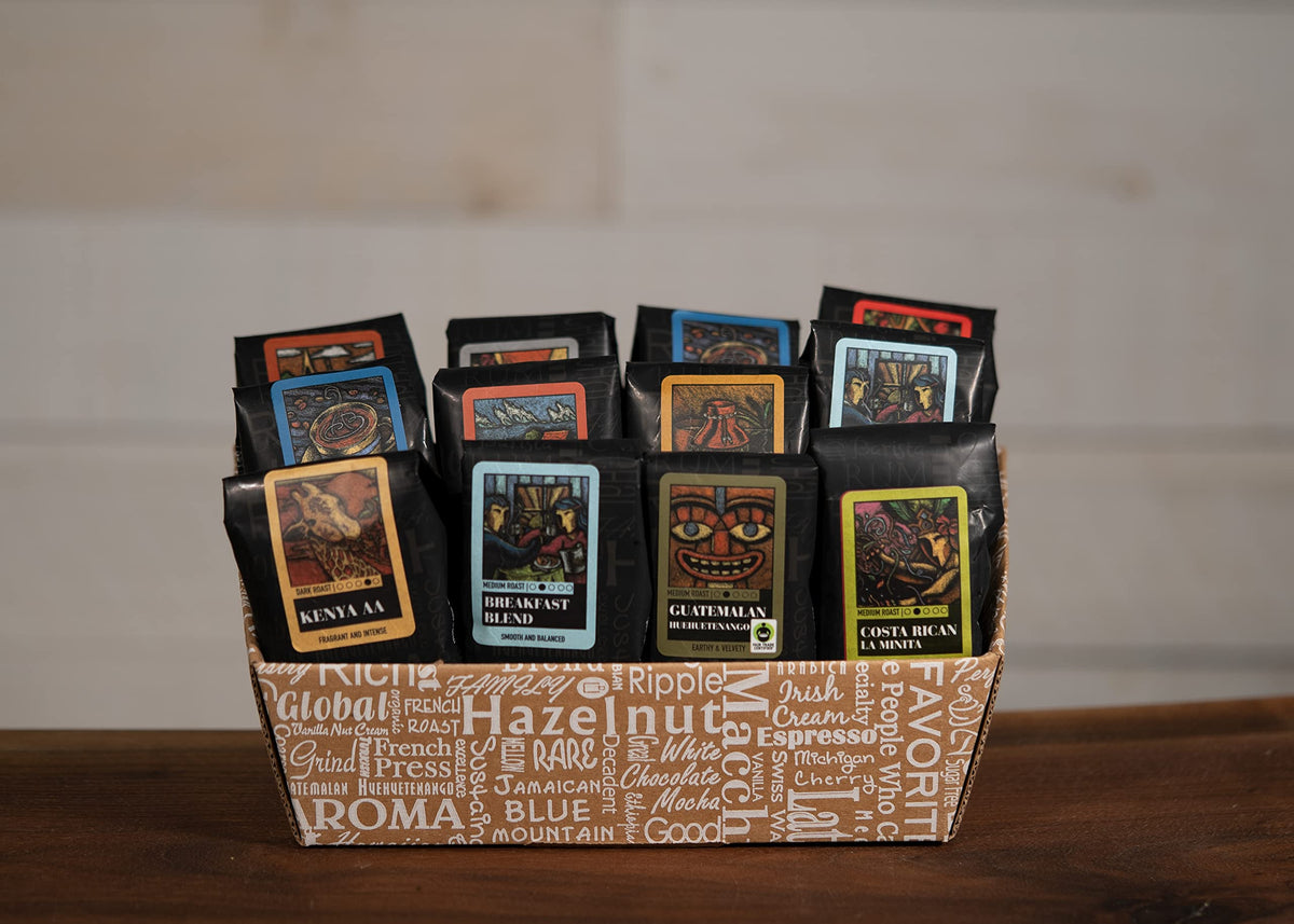 Coffee Beanery Classic Selection Coffee Gift Basket - (12) 100% Specialty Arabica Coffee Blends and Single Origin Samplers