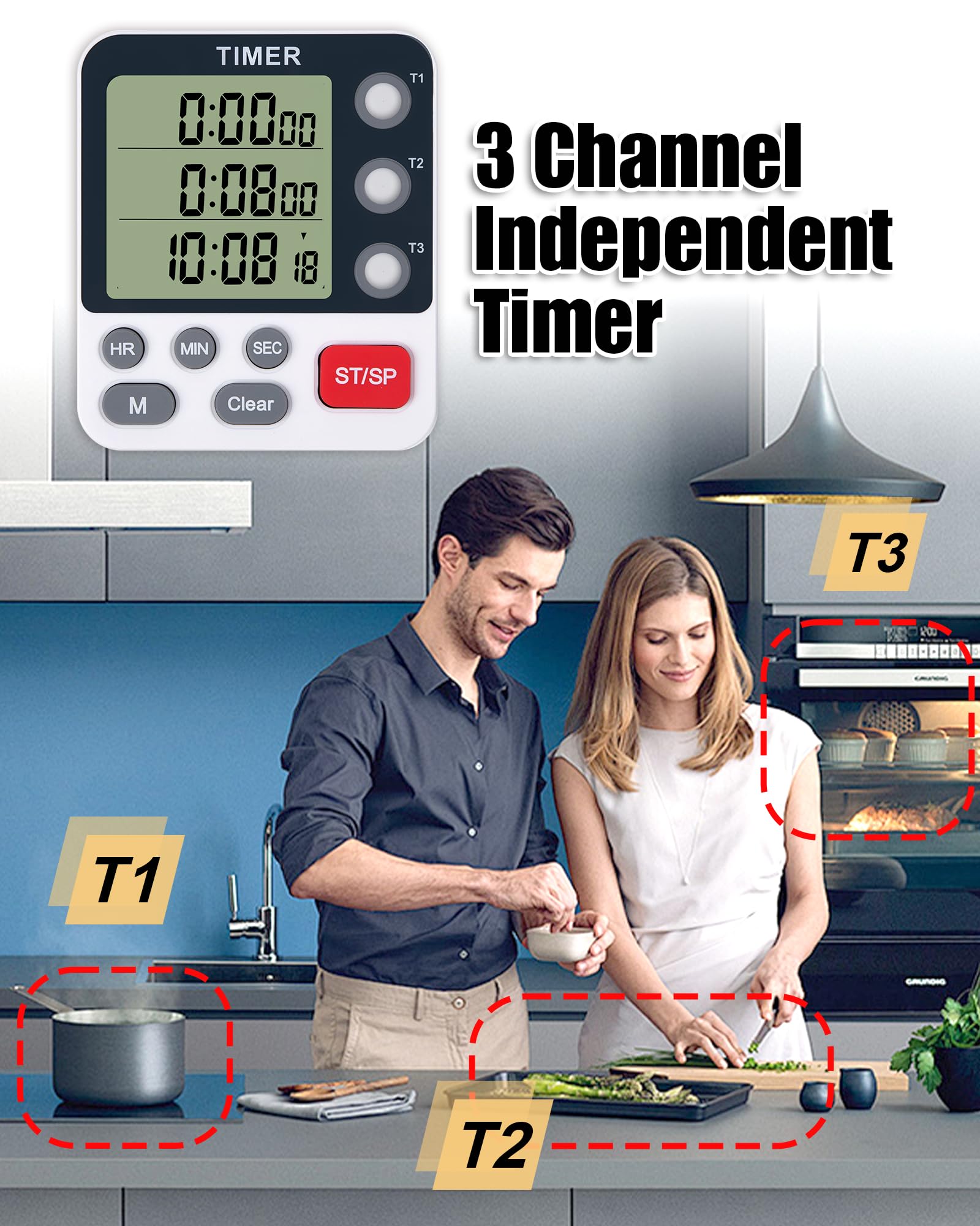 TPNEG Dual Kitchen Timer Digital - 3 Channel Timer for Cooking with Alarm, Large Display, Magnetic Back, Replaceable 3A Battery, Loud Food Timer, Modern White Design for Multi Timing Needs